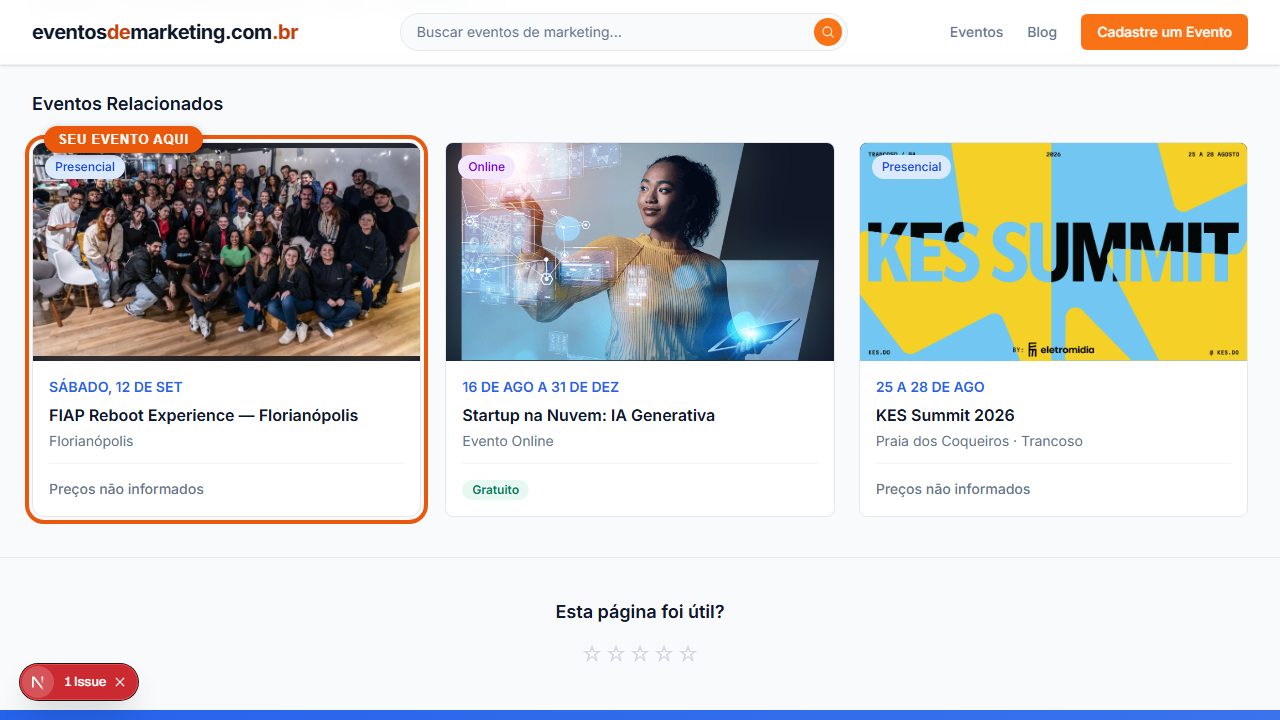 Print do site mostrando: Primeira sugestão nos eventos parecidos