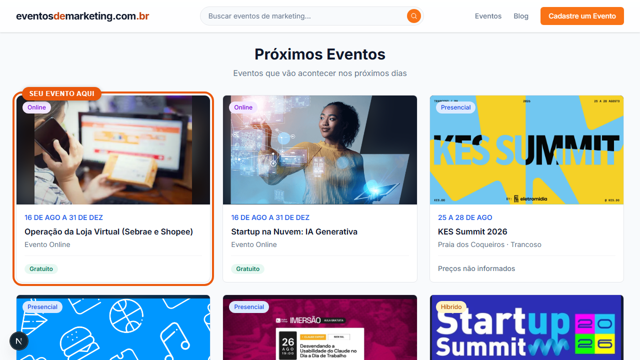 Print do site mostrando: Seção Próximos Eventos da home